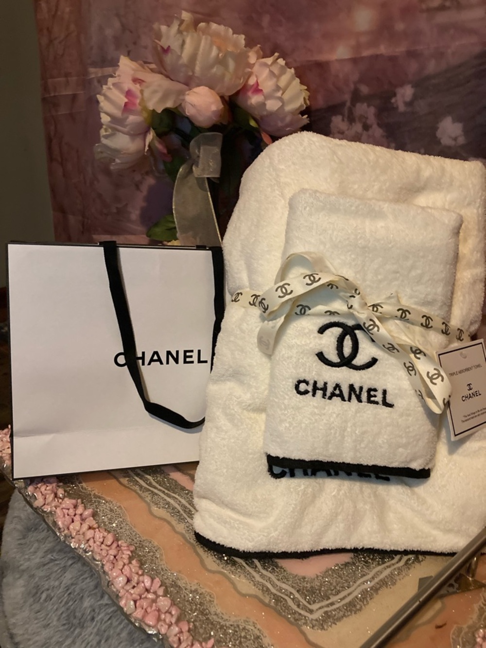 CHANEL White and Black Logo Towel Set with Branded Ribbon